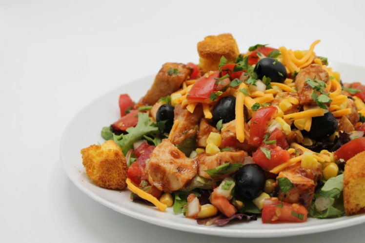 BBQ Chicken Salad with Chile Corn Salsa and Cornbread Croutons
