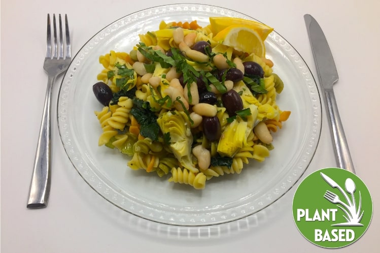 Rotini pasta with lemon artichoke hearts, Italian beans, Greek olives and tender kale.