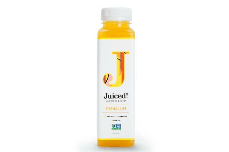 Eternal Life cold-pressed juice bottle blended from pineapple, orange and ginger.