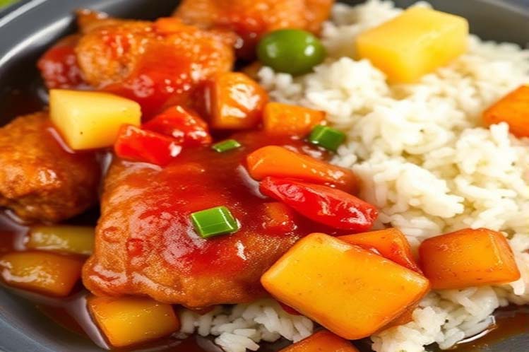 Baked sweet and sour chicken pieces coated in a tangy glossy sauce.