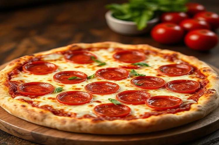 Whole pepperoni pizza with melted mozzarella and rich tomato sauce on a crisp crust.