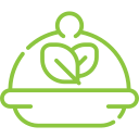 Icon of a covered serving dish with a leaf symbol, illustrating vegan thanksgiving dinner recipes offered by Meal Village