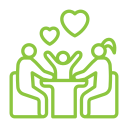 Icon of a family of three, sitting around a dining table with heart floats above them, portraying family Thanksgiving meals delivered by Meal Village