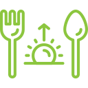 Icon of a rising sun between a fork and spoon, representing Thanksgiving breakfast options in Illinois