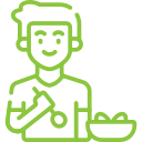 Icon of a person smiling and enjoying a bowl of food, indicating the option to buy a Thanksgiving meal for one from Meal Village