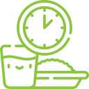 Icon of a smiling cup next to a food plate and a clock showing noon, symbolizing Thanksgiving lunch recipes delivered by Meal Village